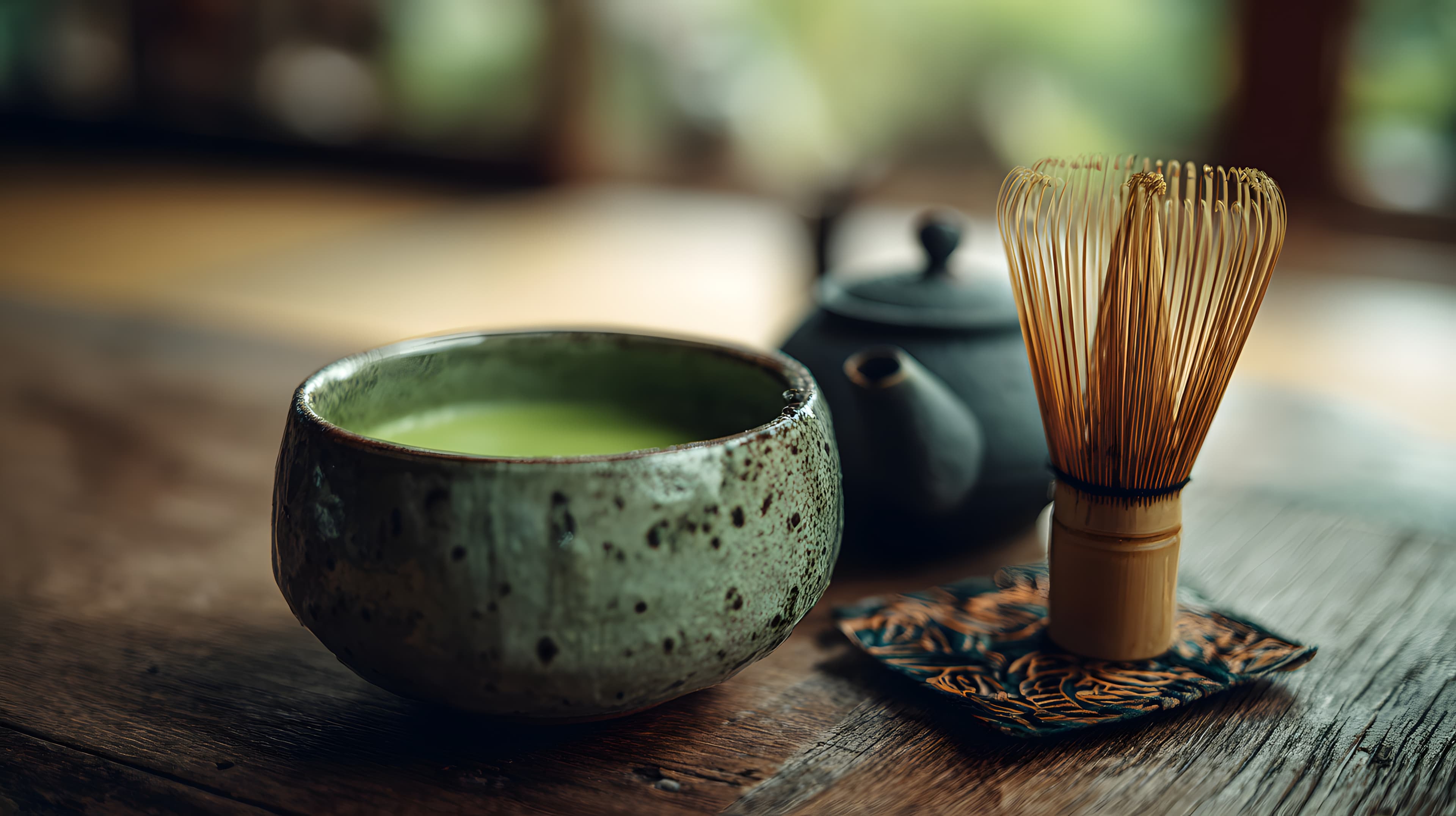 Ceremonial matcha prepared with a chasen and tea bowl in Japan