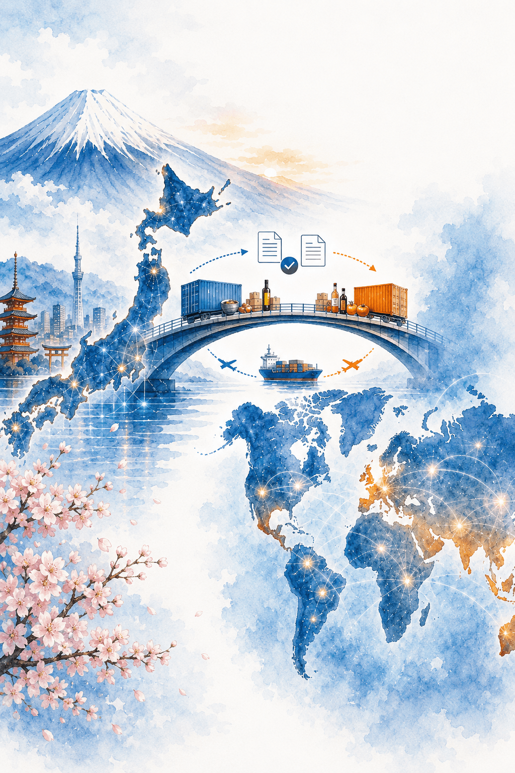 Watercolor illustration of Japan connected to global markets through food export