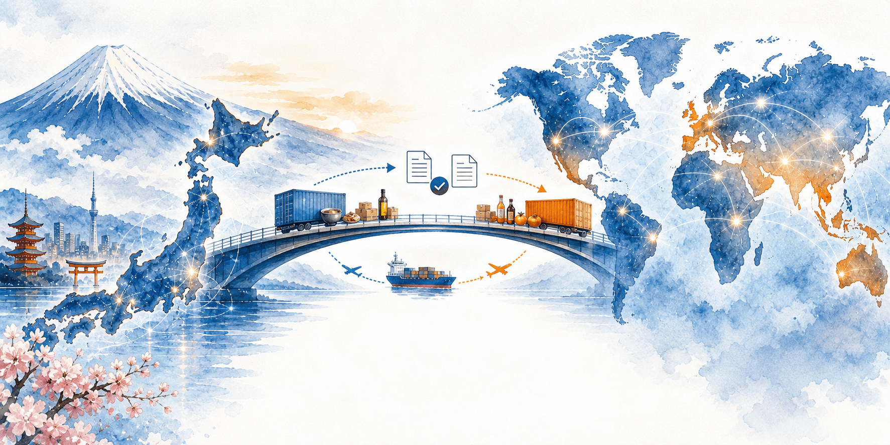 Watercolor illustration of Japan connected to global markets through food export