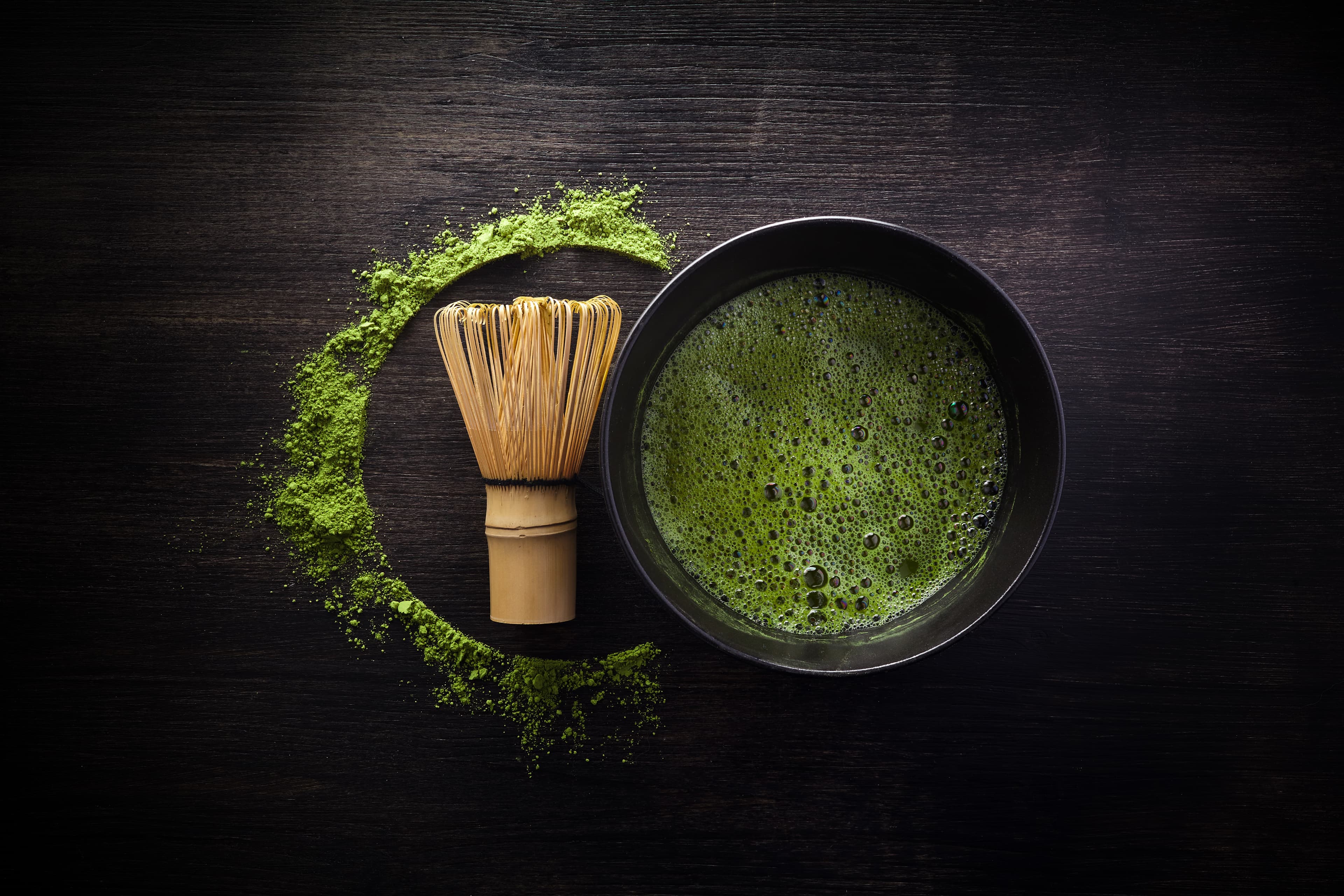 Uji matcha prepared with a chasen and tea bowl