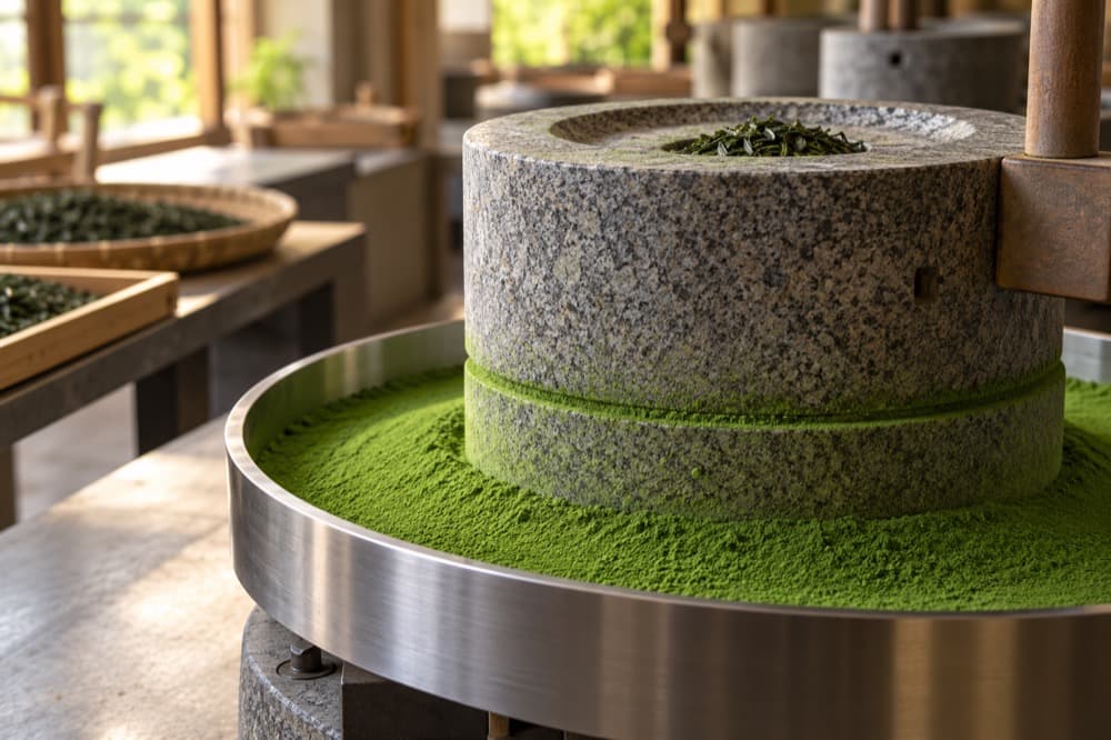 Illustrative stone mill with finely ground green matcha powder in a collection tray