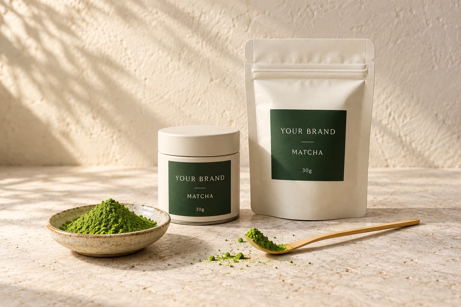 Packaging concept: 30g private label matcha tin and pouch beside Japanese green tea powder